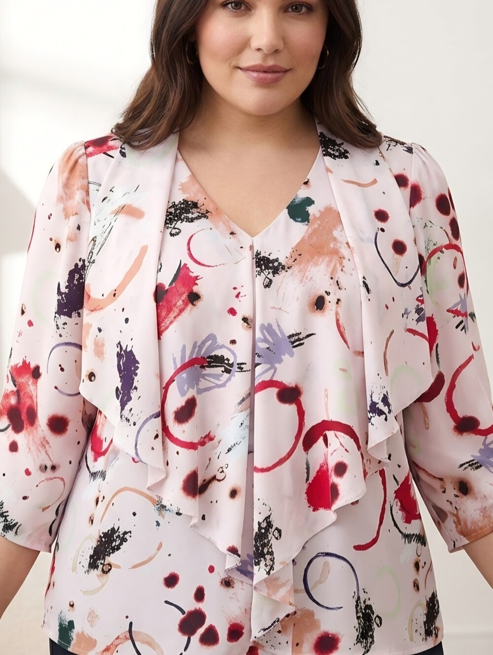 Melissa McCarthy Seven7 Watercolor Drape Front Blouse - White, Red, Purple, Tan - Picture 11 of 11